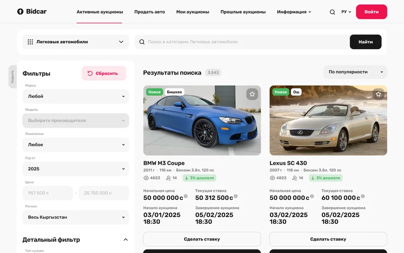 Активные аукционы — экран Bidcar