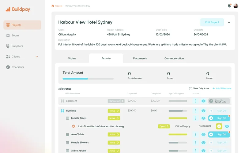 Project activity — screen Buildpay