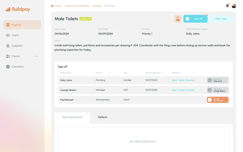 Task details — screen Buildpay
