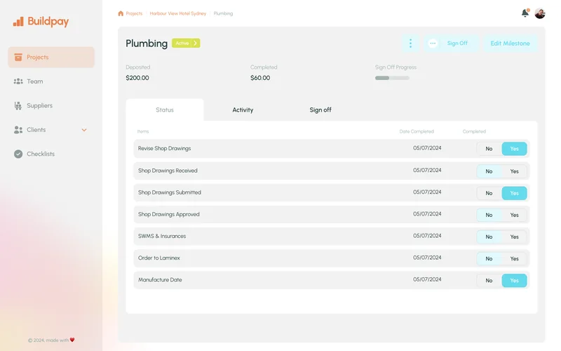 Milestone status — screen Buildpay