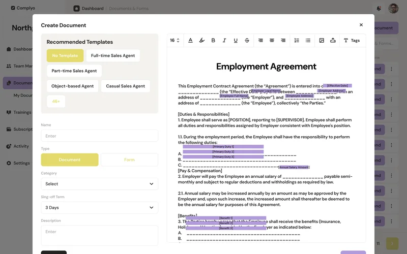 editor — documents built from templates — screen Complyo