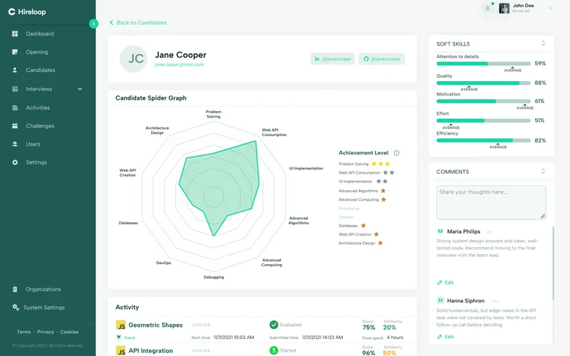 Полный профиль кандидата — экран Hireloop