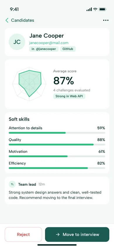 Профиль кандидата — мобильный экран Hireloop