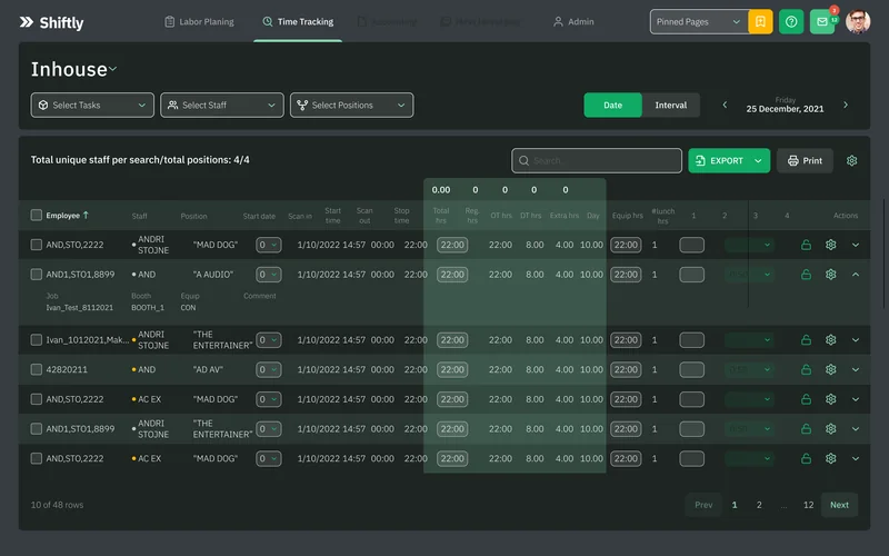 Time tracking — screen Shiftly