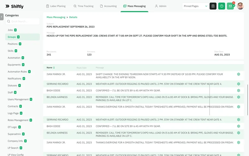 Mass messaging — screen Shiftly