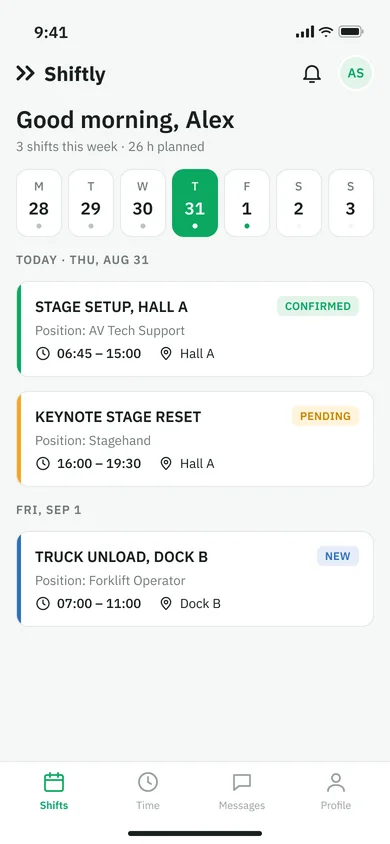 My shifts — mobile screen Shiftly