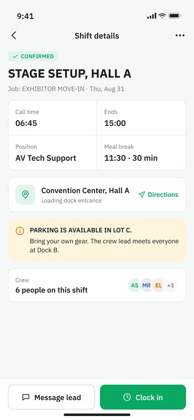 Shift details — mobile screen Shiftly