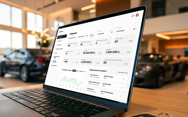 Bidcar auction admin panel on a laptop in a car showroom
