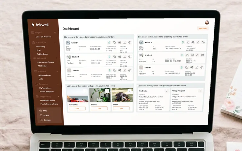 Inkwell campaign dashboard on a laptop surrounded by greeting cards