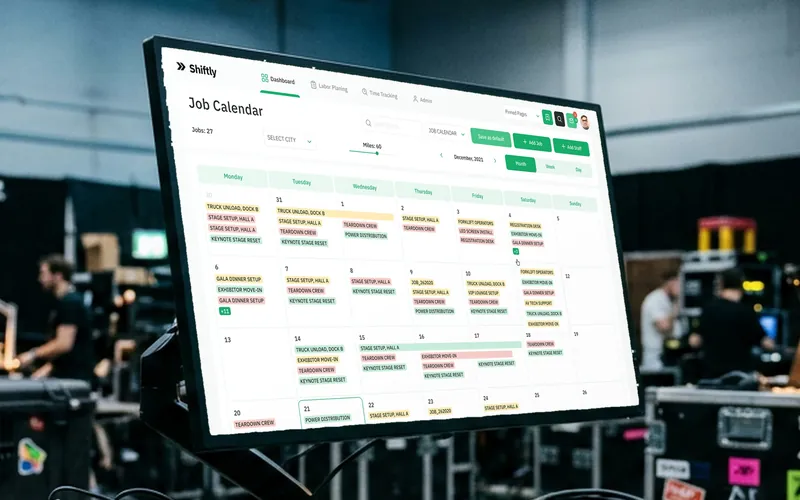 Shiftly job calendar on a monitor backstage